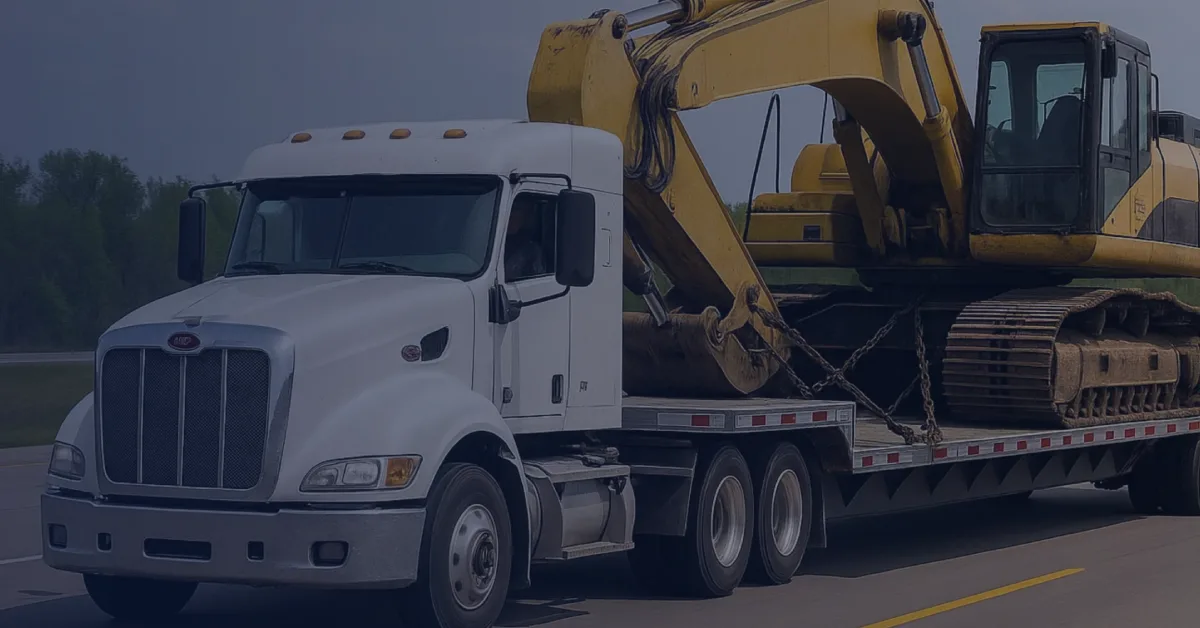 A white step deck trailer hauling a large tractor