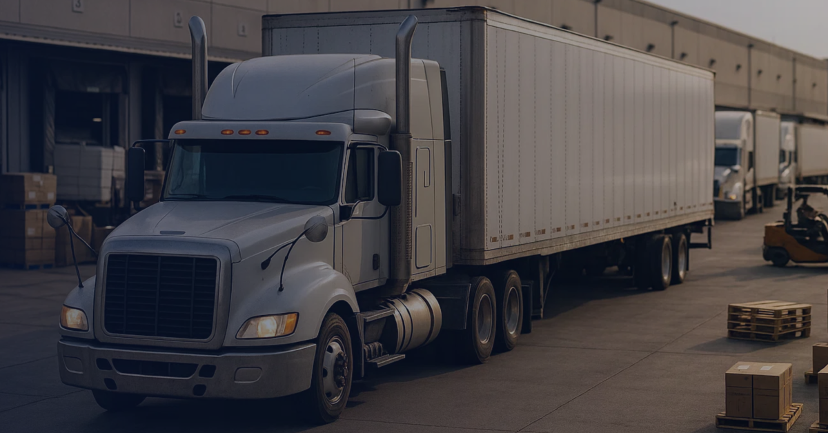 Semi truck at warehouse dock illustrating detention pay in trucking delays for drivers and brokers.