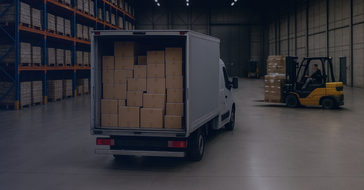 Loaded delivery truck inside warehouse preparing for holiday freight rush, highlighting high-volume logistics season readiness.