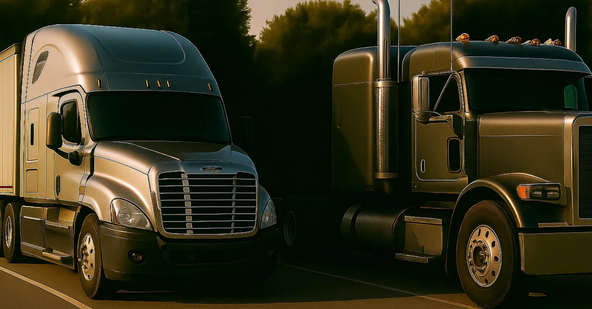 Two semi-trucks, side by side, with amber ambient light, like it’s sunset, representing the trucking industry and challenges that arise.